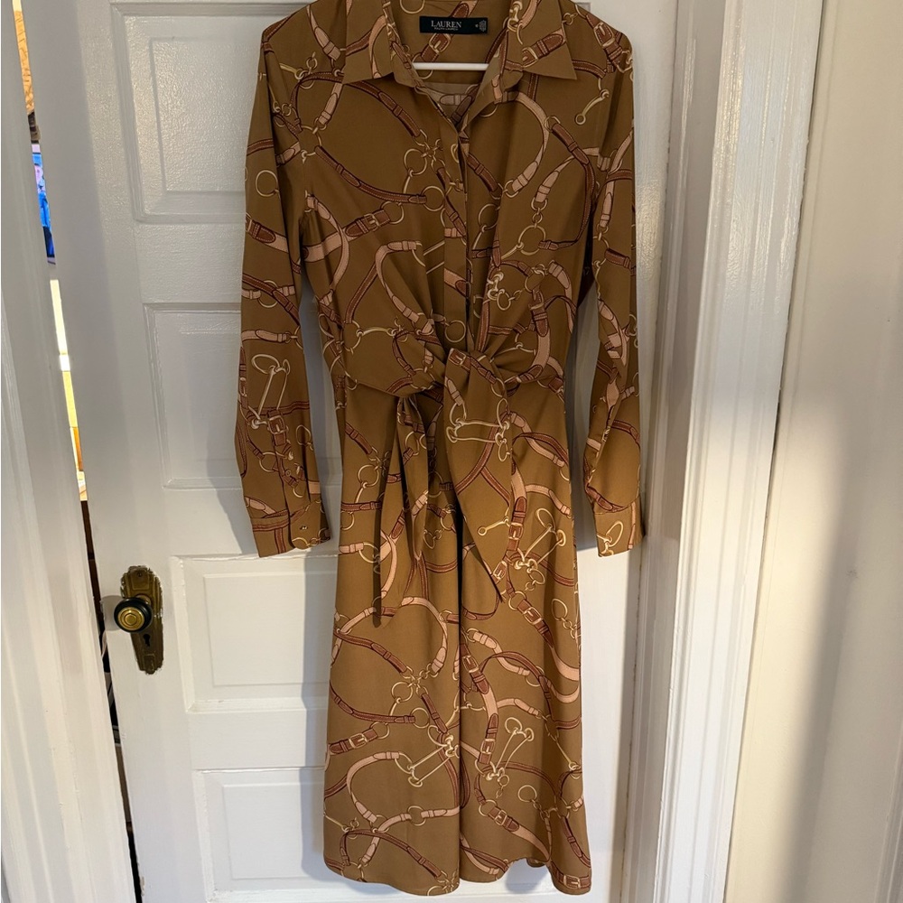 Lauren by Ralph Lauren Tan Belting Print Dress
